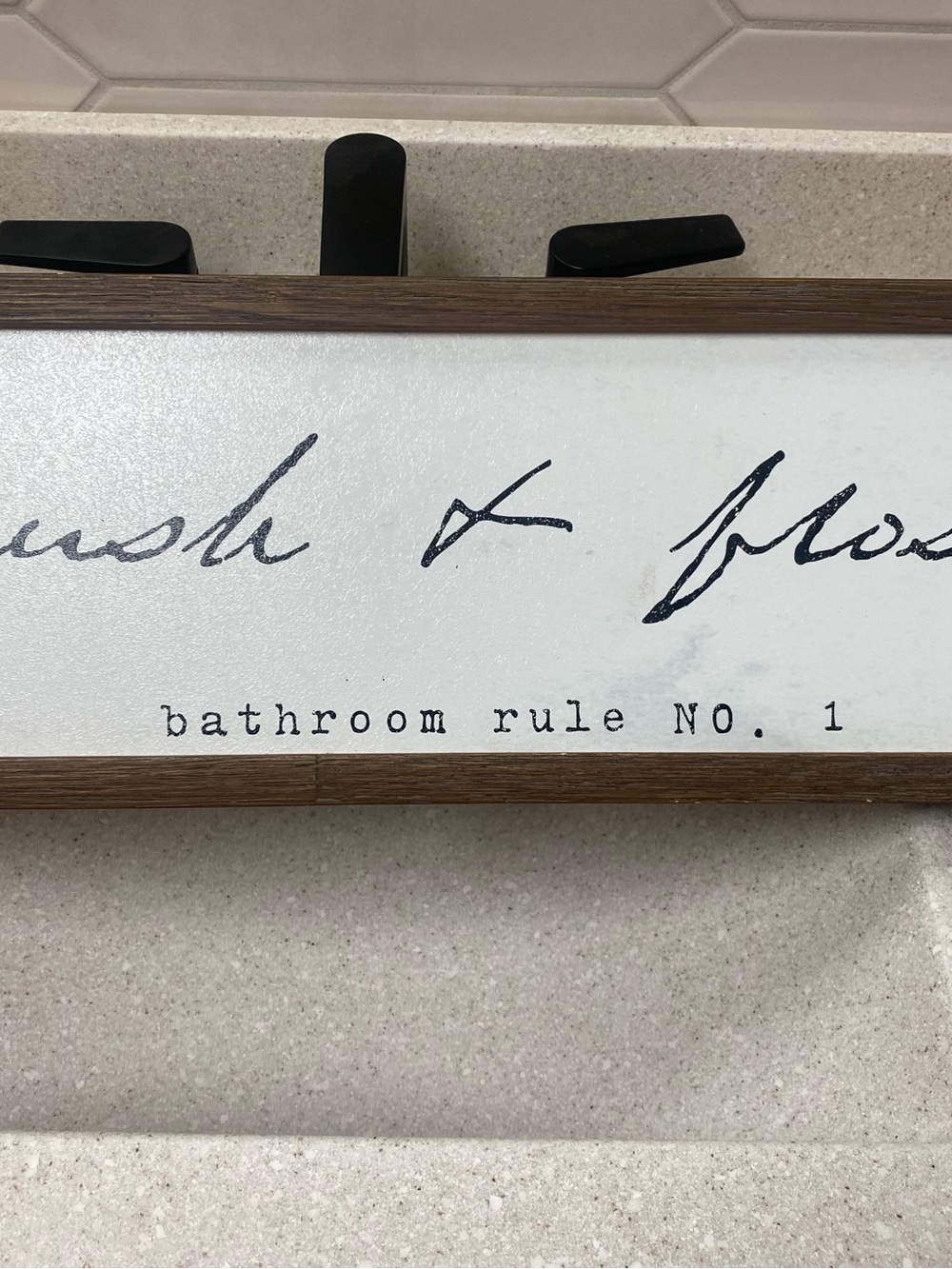 Bathroom Rule No. 1 Framed Wood Sign - White and Brown